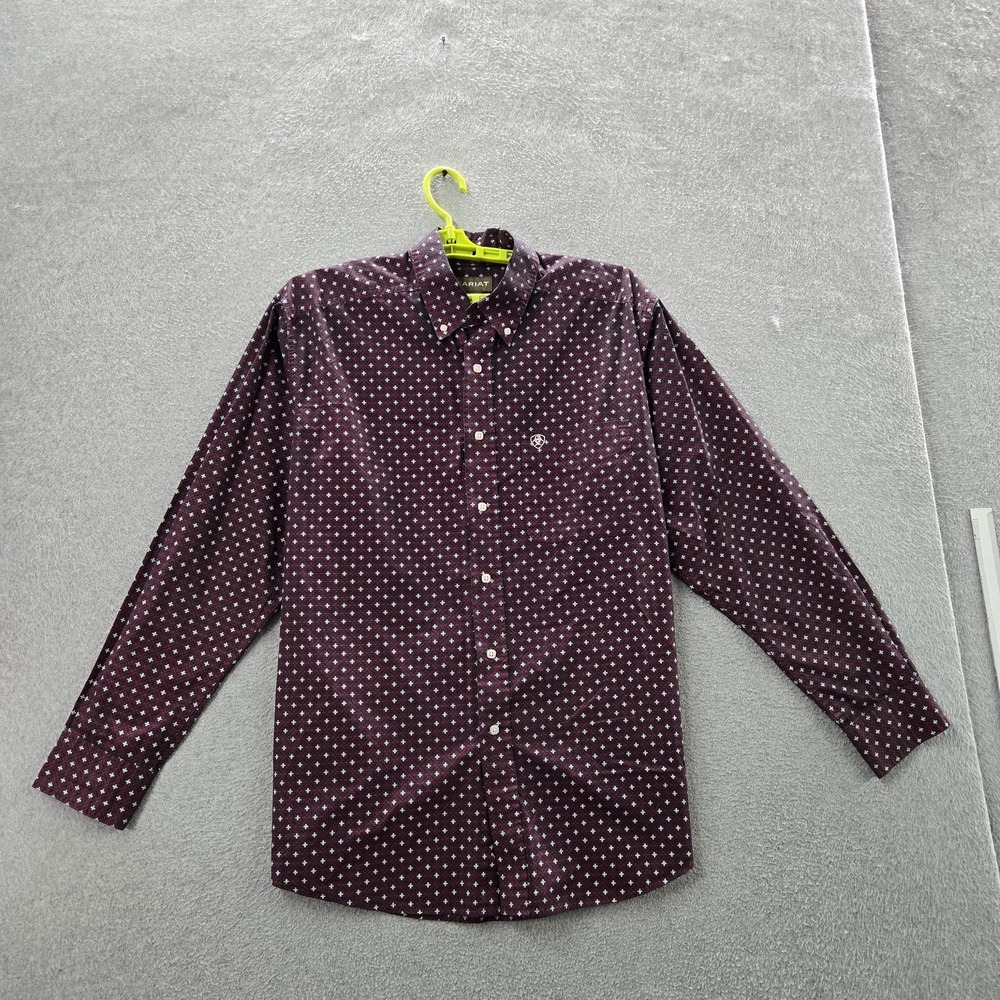 Ariat Men Button Up Shirt L Burgundy Embroidered Geometric Western Logo